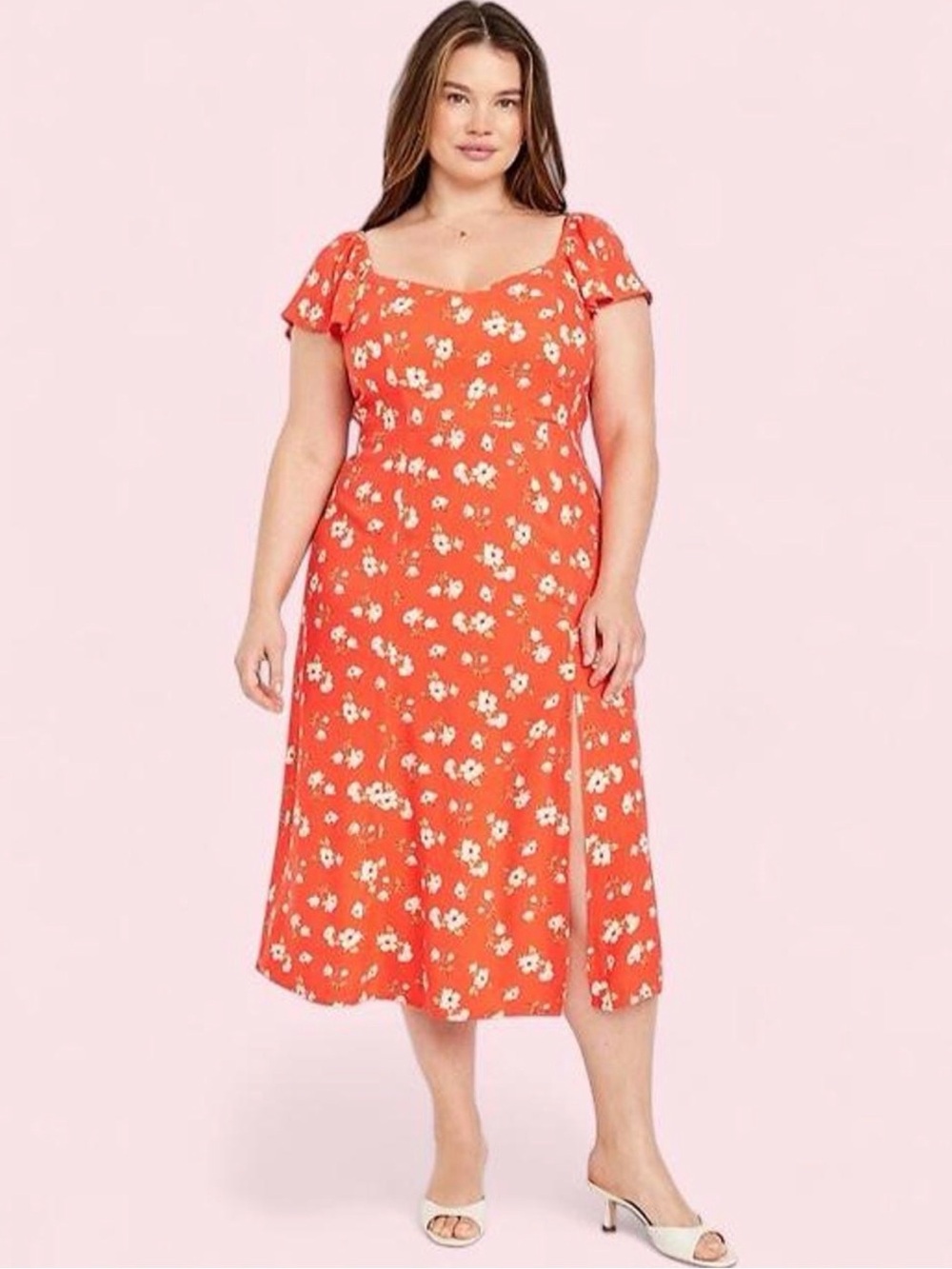 Old Navy Red Floral Flutter Sleeve Midi Dress 3X Smocked Cottagecore Slit Plus